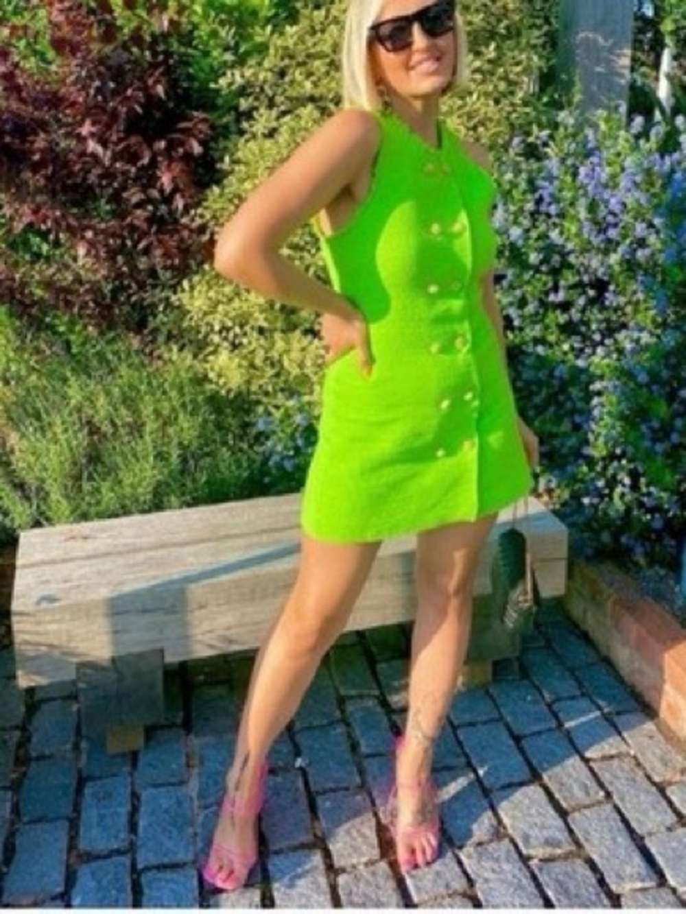 Zara Neon Green Sleeveless Button Mini Dress NWT ZARA Textured Weave